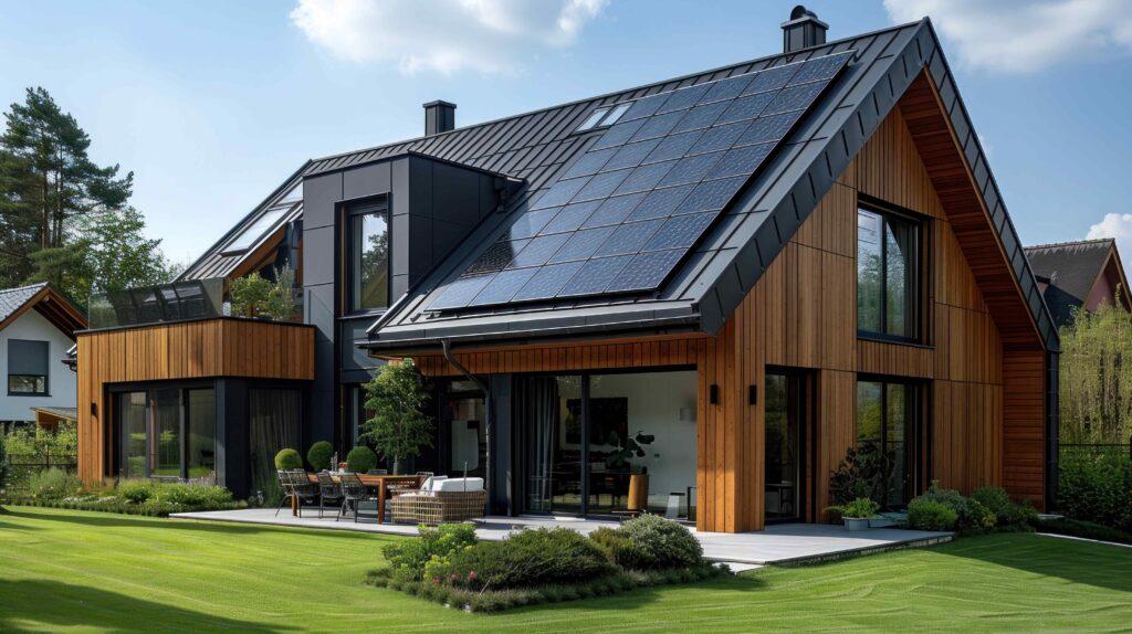 Sonnenkollektoren auf dem Satteldach, neues, modernes, umweltfreundliches Passivhaus mit Photovoltaikanlage auf dem Dach.