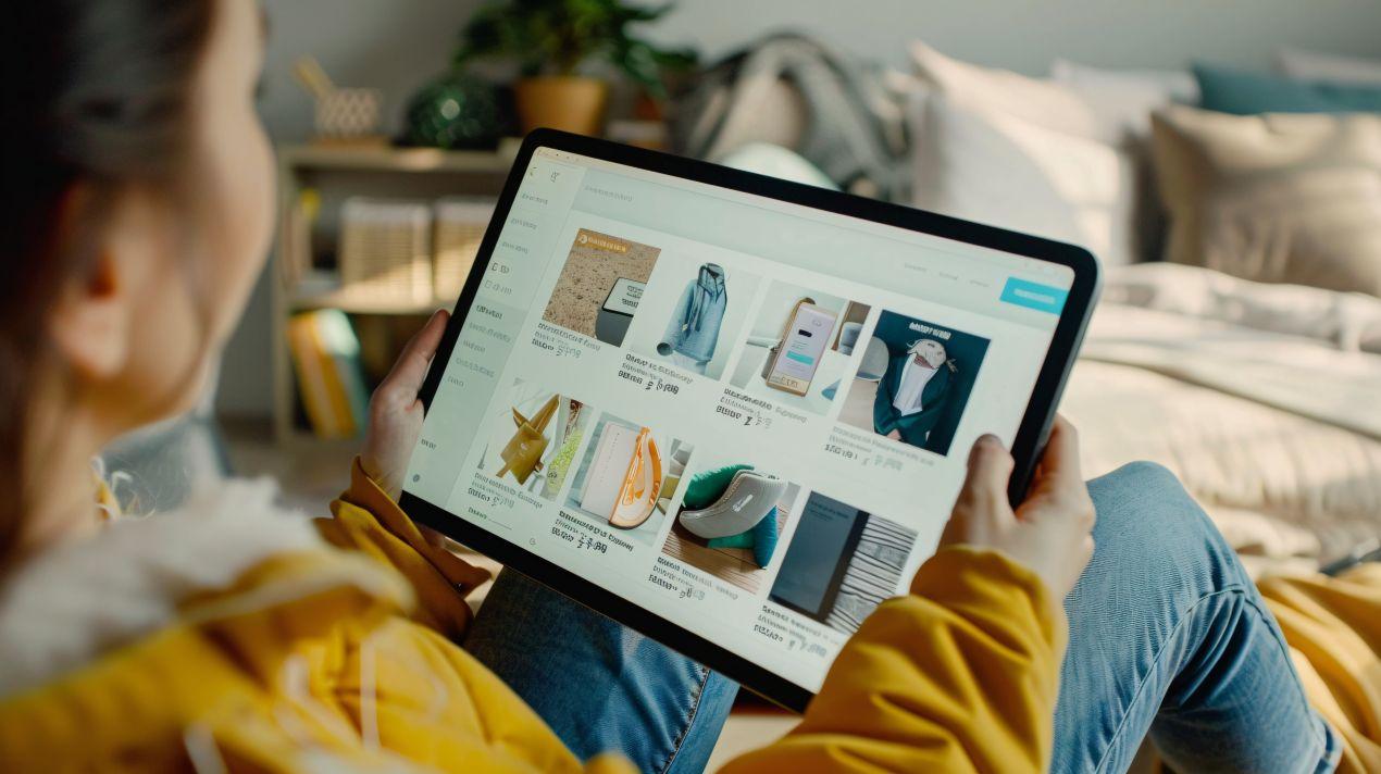 Eine Frau betrachtet Produktbilder in einem Online-Shop auf ihrem Tablet – hochwertige Amazon Produktfotos sind entscheidend für die Kaufentscheidung der Kunden.